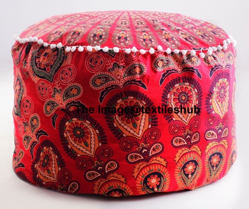 Pouf Ottoman Red Mandala Print with Pompom Trim Decor