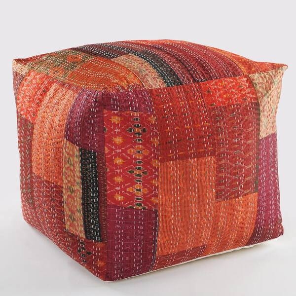 Pouf Ottoman Red Patchwork Hand-Stitched Bohemian Style