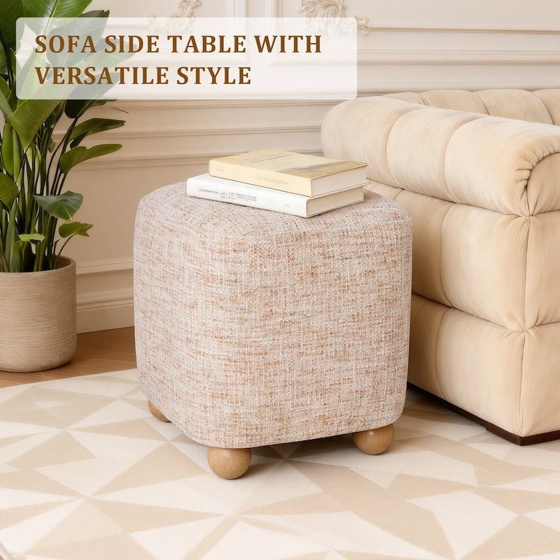 Pouf Ottoman Ribbed Texture Beige Chenille, Tapered Wood Legs