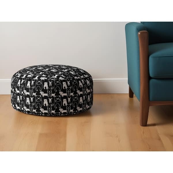 Pouf Ottoman Round Black Cotton Dog Silhouette Pattern Whimsical