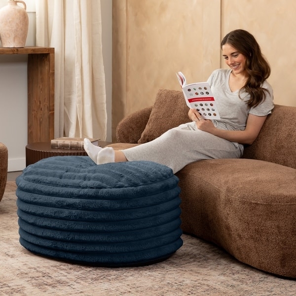 Pouf Ottoman Round Black Dramatic Shaggy Faux Fur Accent