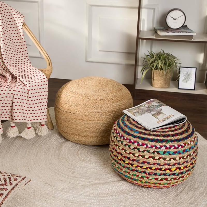 Pouf Ottoman Round Braided Construction Tri-Color Weave Boho