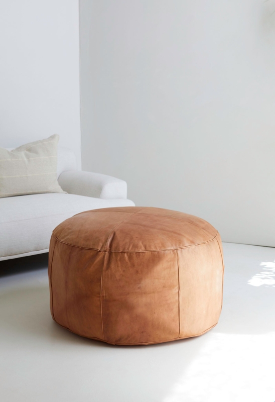 Pouf Ottoman Round Caramel Central Button Detail Leather-like Boho