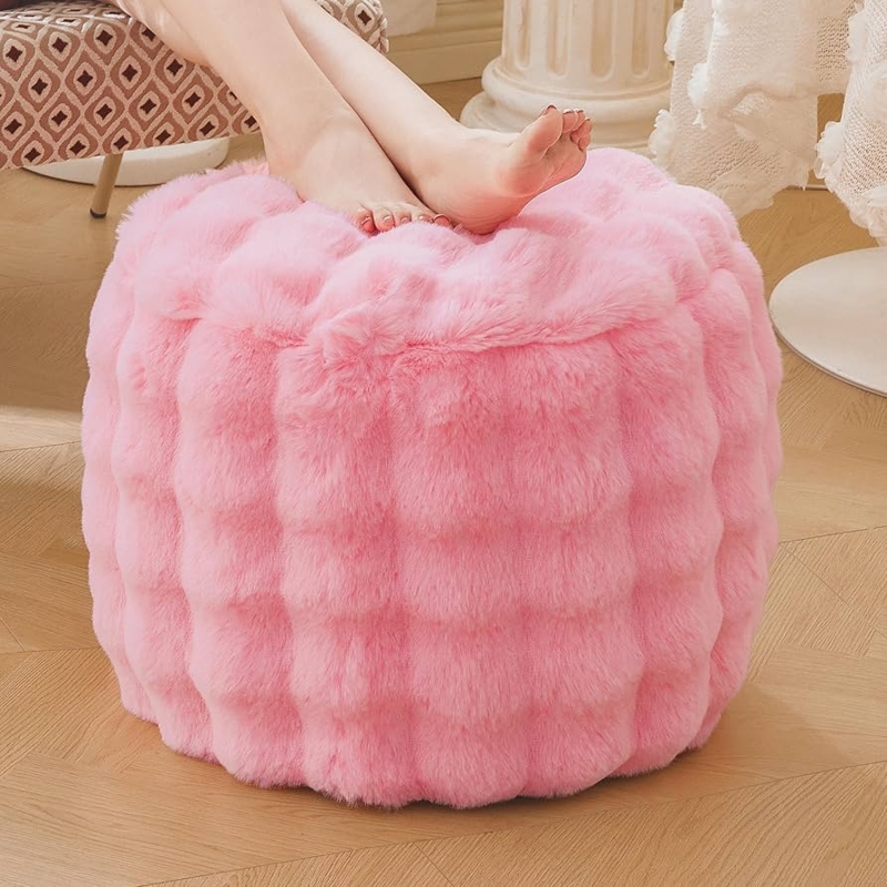 Pouf Ottoman Round Cream Bubble Waffle Texture Faux Fur