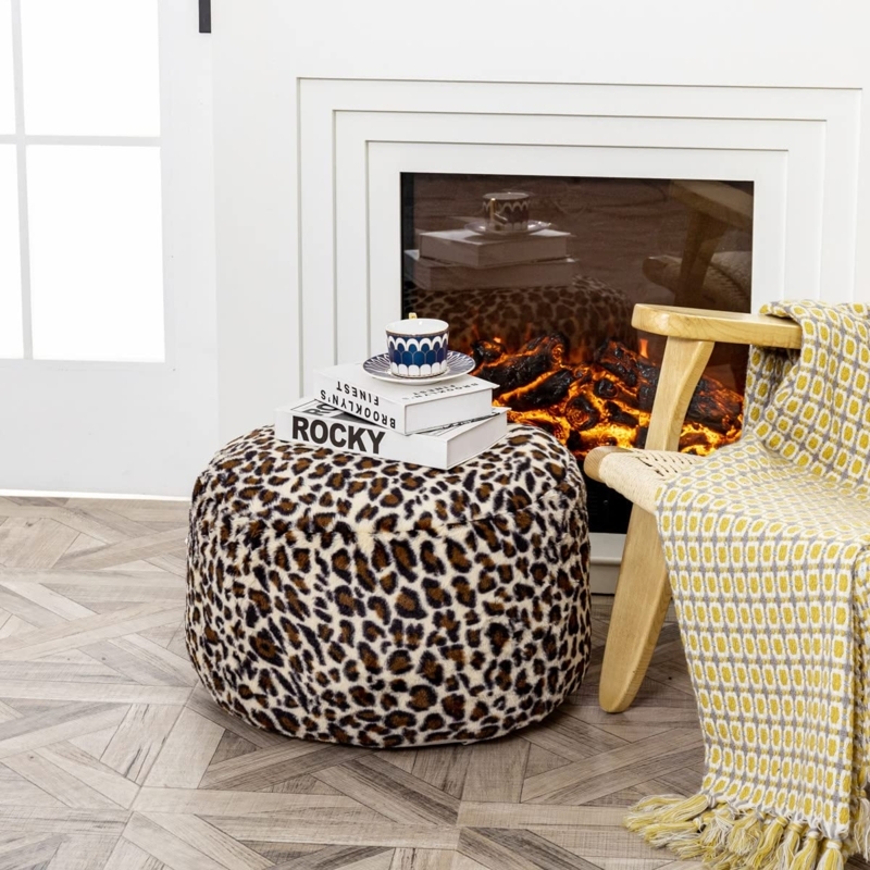 Pouf Ottoman Round Fuzzy Leopard Print Eclectic Floor Cushion