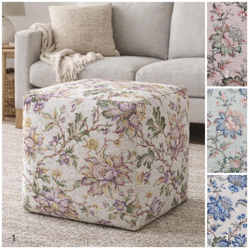 Pouf Ottoman Round Lilac And Green Floral Cottagecore Floor Cushion