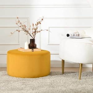 Pouf Ottoman Round Mustard Velvet Channel Stitched
