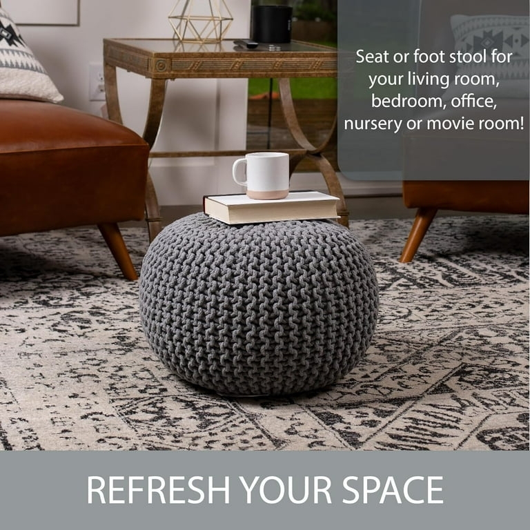 Pouf Ottoman Round Ribbed Surface Chunky Knit Modern Minimalist