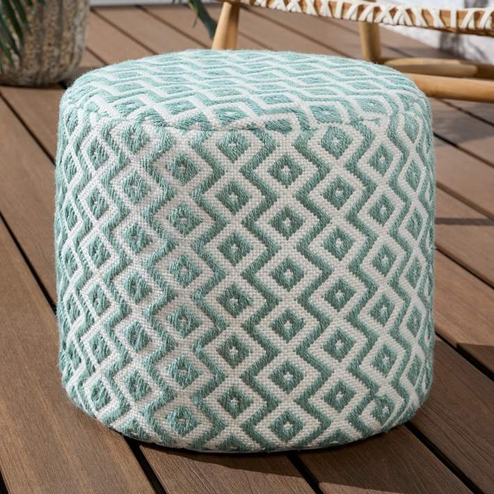 Pouf Ottoman Round Teal Chevron Woven Texture Modern Coastal Patio