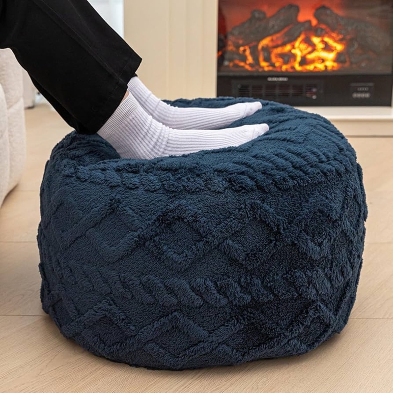Pouf Ottoman Round with Pleated Sides Textured Fabric