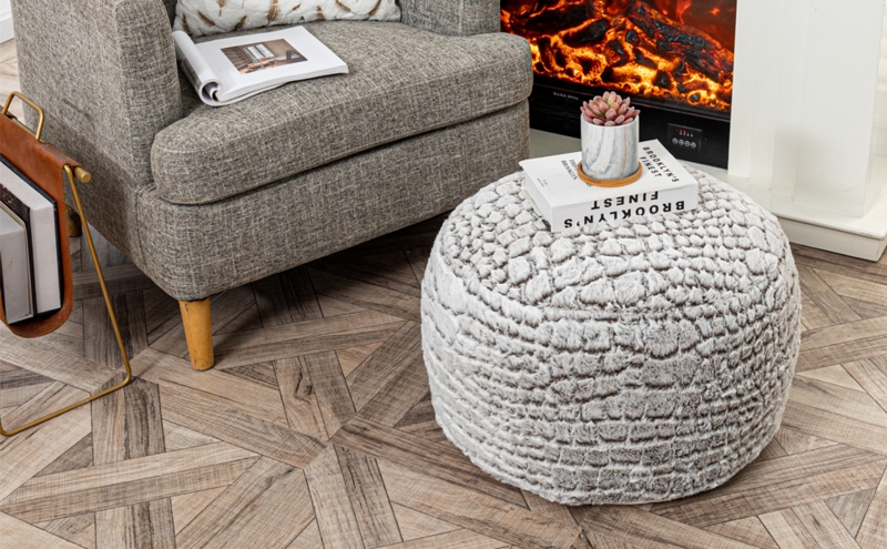 Pouf Ottoman Rust Orange Shaggy Pile Round Faux Fur Bohemian Footrest