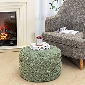 Pouf Ottoman Sage Green Chunky Knit Texture Boho Style