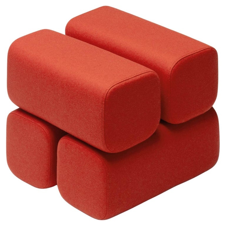 Pouf Ottoman, Sculptural Vertical Channel Modern Red Footstool Design