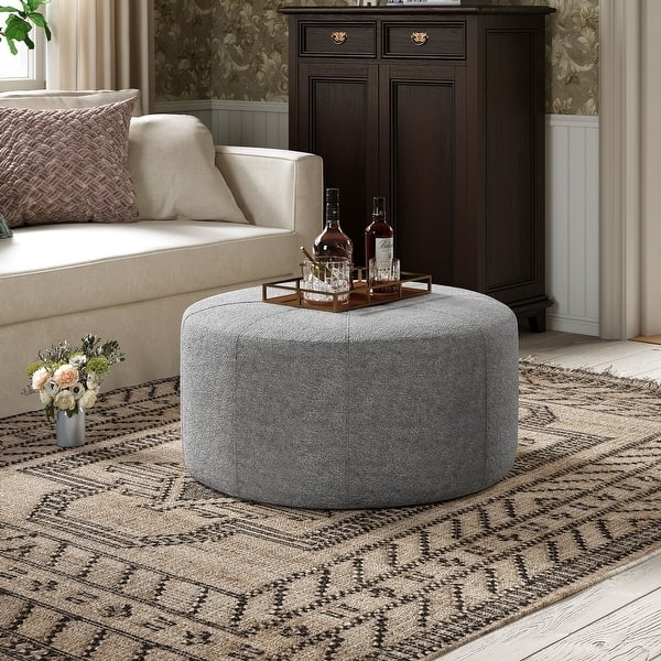 Pouf Ottoman Side Handle Cream Chenille, Round Floor Seating