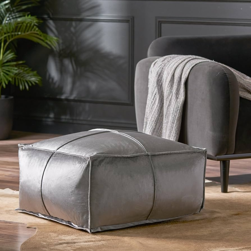 Pouf Ottoman Smoke Grey Quilted Velvet Square Floor Seating
