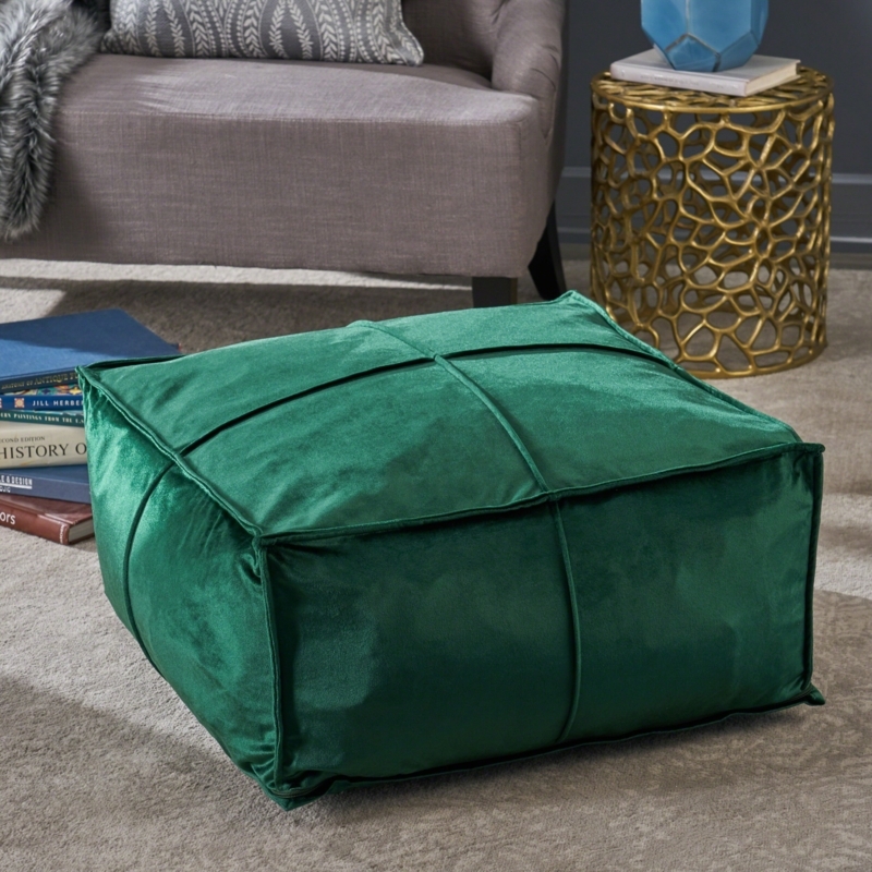 Pouf Ottoman Square Bean Bag Style Velvet Piped Edges Cozy