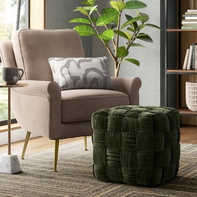 Pouf Ottoman Square Forest Green Chunky Knit Woven Texture Boho