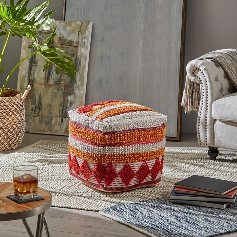 Pouf Ottoman Square Raised Geometric Tufting Cream Charcoal