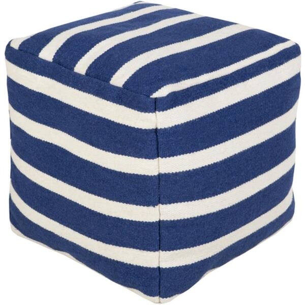 Pouf Ottoman Square Royal Blue Cream Striped Wool Texture Coastal