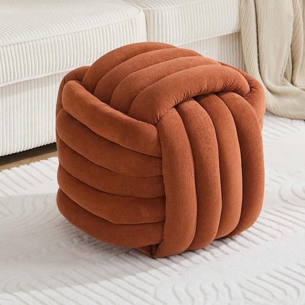 Pouf Ottoman Square Silhouette Orange Chenille, Piped Seams Accent