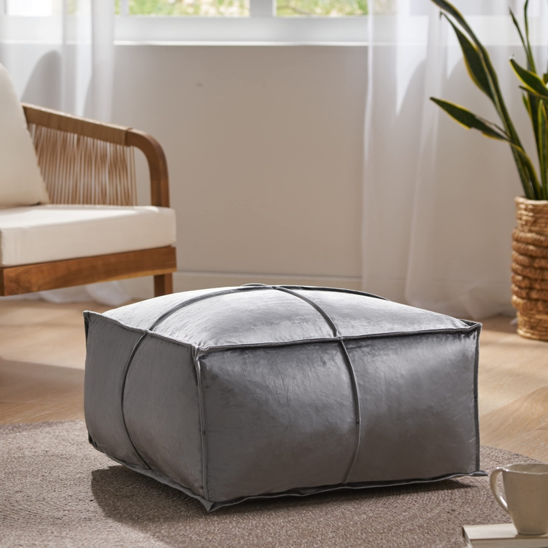 Pouf Ottoman Square Smoke Gray Velvet Top Stitched Low Profile