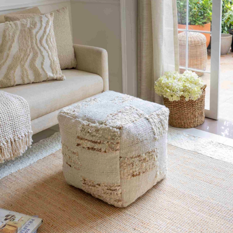 Pouf Ottoman Square Wool Blend Braided Detail Natural