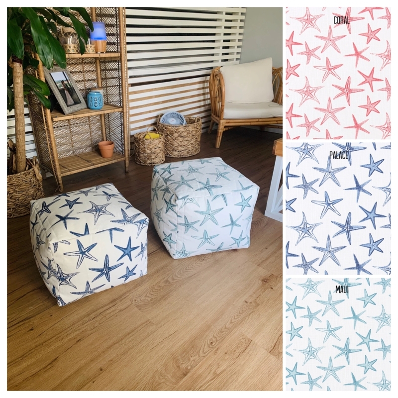 Pouf Ottoman Starfish Print Teal Colorway Square Low Profile Seating