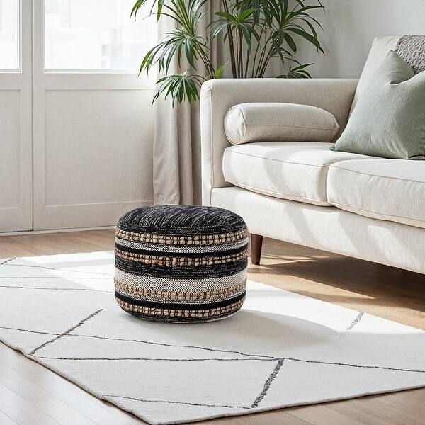 Pouf Ottoman Striped Jute Natural Black Stripes Modern Boho