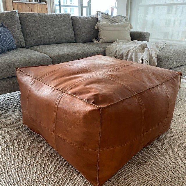 Pouf Ottoman Tan Leather Look Embroidered Top Moroccan Bohemian Style