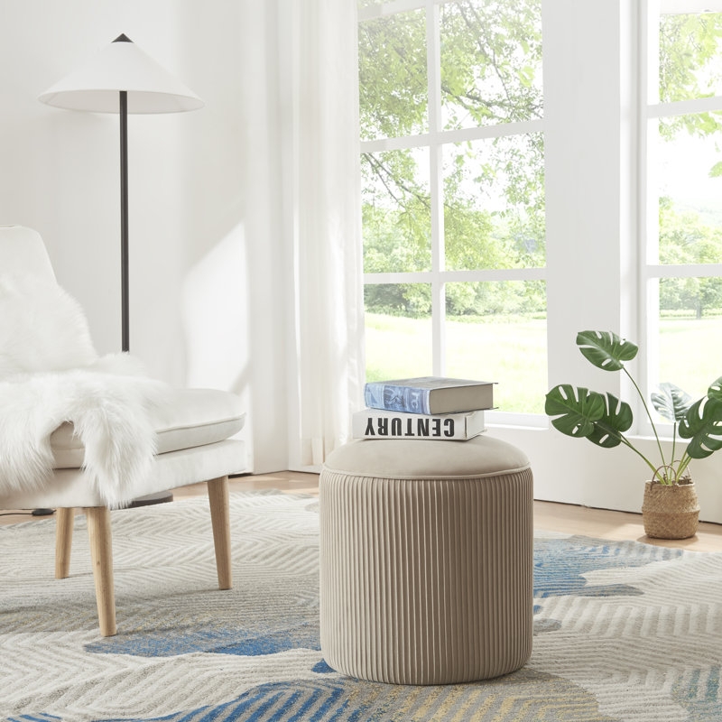 Pouf Ottoman Taupe Velvet Button Tufted Round Floor Seating