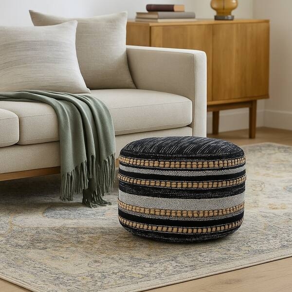 Pouf Ottoman Vertical Stripes Woven Jute Side Handle Natural Seating