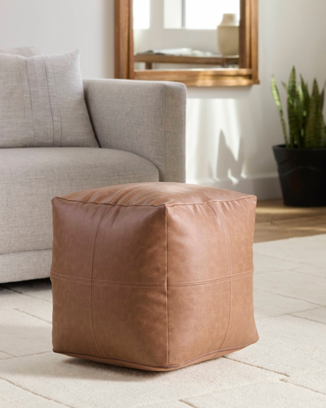 Pouf Ottoman Visible Stitching Tan Faux Leather Modern Cognac Seating