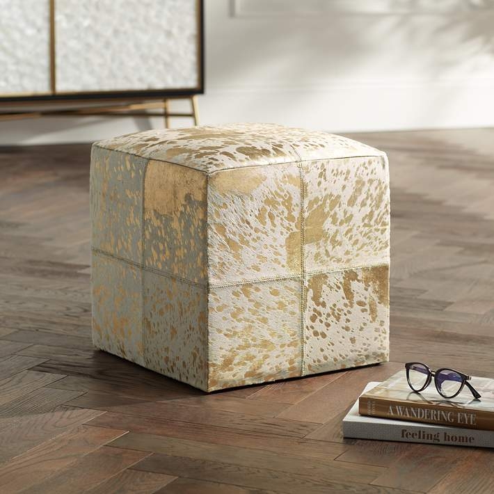 Pouf Ottoman Weathered Gold Finish Hide Like Distressed