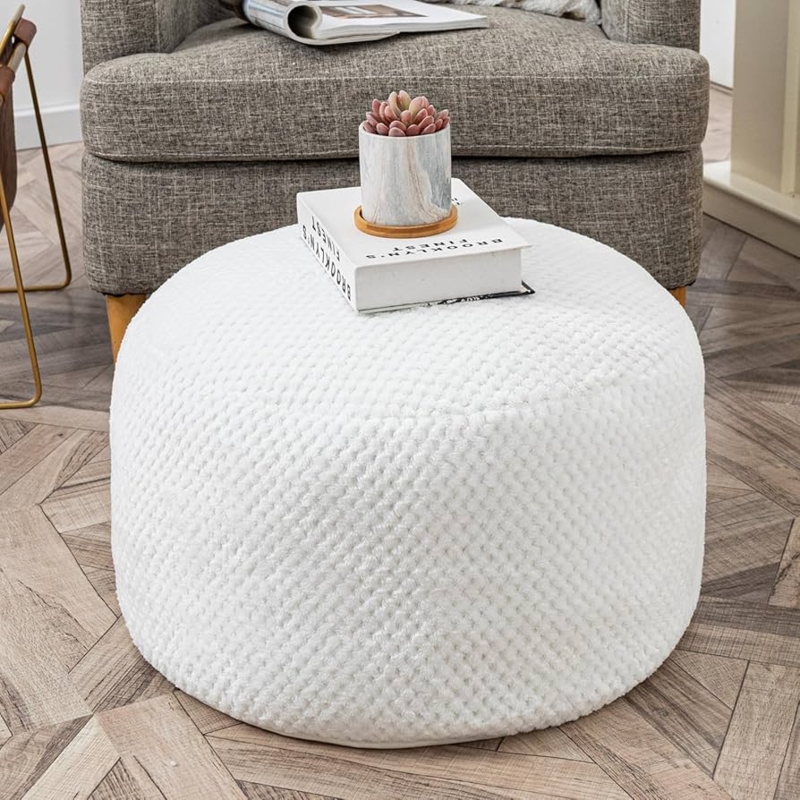 Pouf Ottoman, White Boucle Cube with Cozy Texture