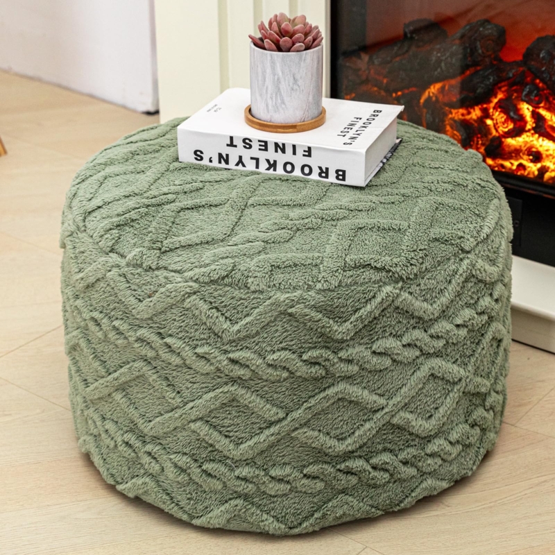 Pouf Ottoman with Carrying Handle, Sage Green Piped Fabric Floor Seat