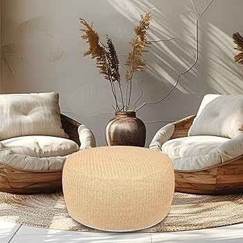 Pouf Ottoman Woven Geometric Navy Blue White Handle Coastal