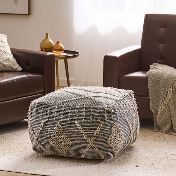 Pouf Ottoman Woven Geometric Pattern Ivory Grey Square Pouf