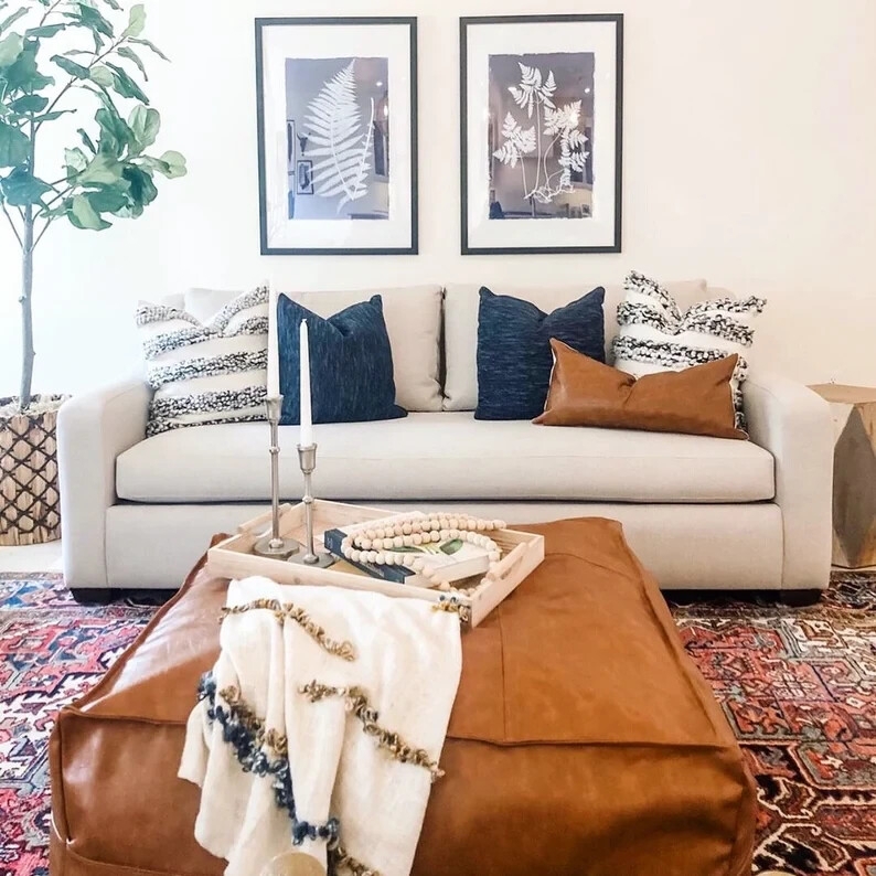 Pouf Oversized Round Tan Leather-Like Embroidered Medallion Boho