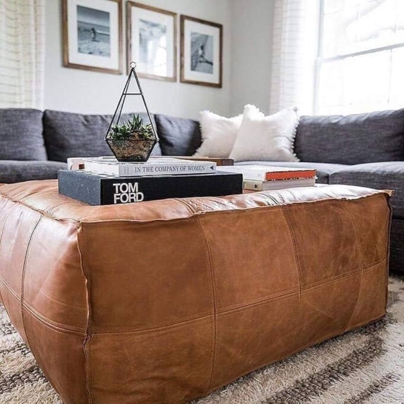 Pouf Oversized Square Distressed Cognac Visible Stitching Rustic Style