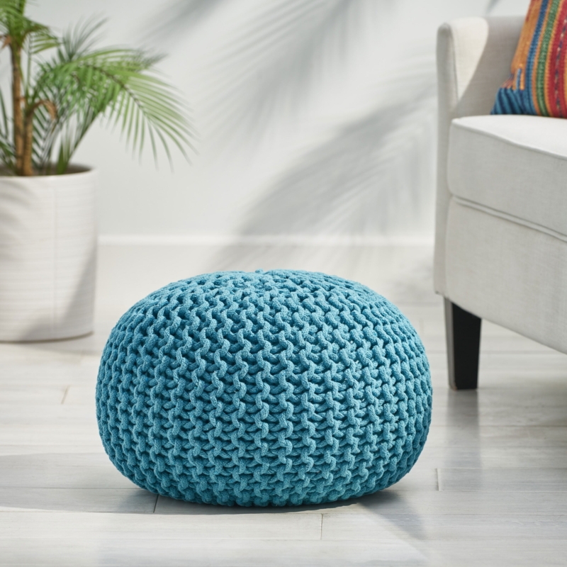 Pouf Oversized Weave Aqua Blue Round Cotton Knit Modern