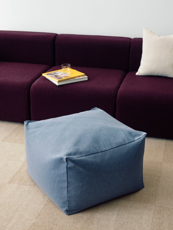 Pouf, Rectangular Shape Navy Blue Upholstery, Stitched Seams, Modern