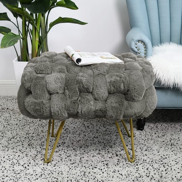 Pouf Rectangular White Shaggy Faux Fur Fuzzy Entryway Bench