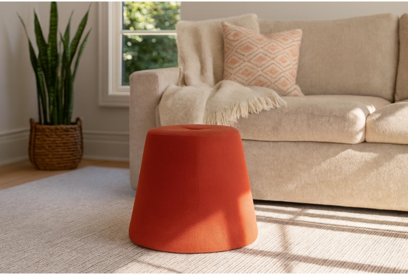 Pouf Red Velvet Vertical Channel Tufting Gold Base