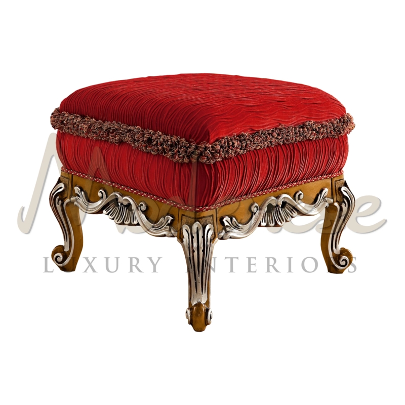 Pouf Red Velvet with Carved Gold Base and Tassels