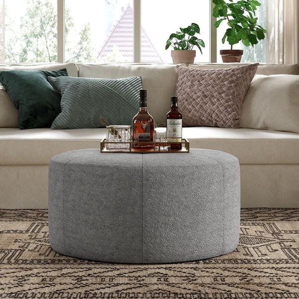 Pouf Ribbed Surface Ivory Chenille, Chunky Knit Round Footrest