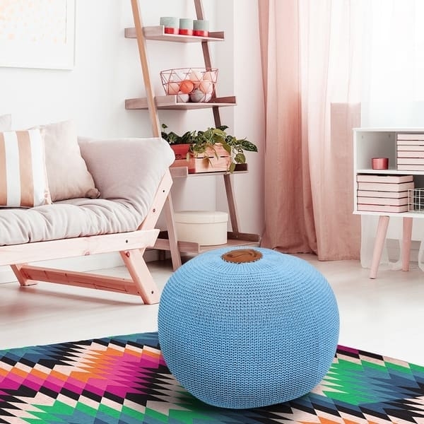 Pouf Round Aqua Blue Chunky Knit Bohemian Coastal Casual