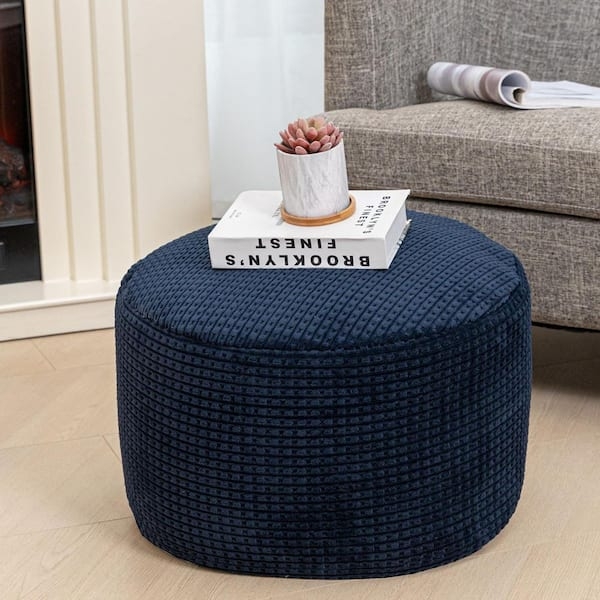 Pouf Round Beige Faux Fur with Shaggy Long Pile Texture