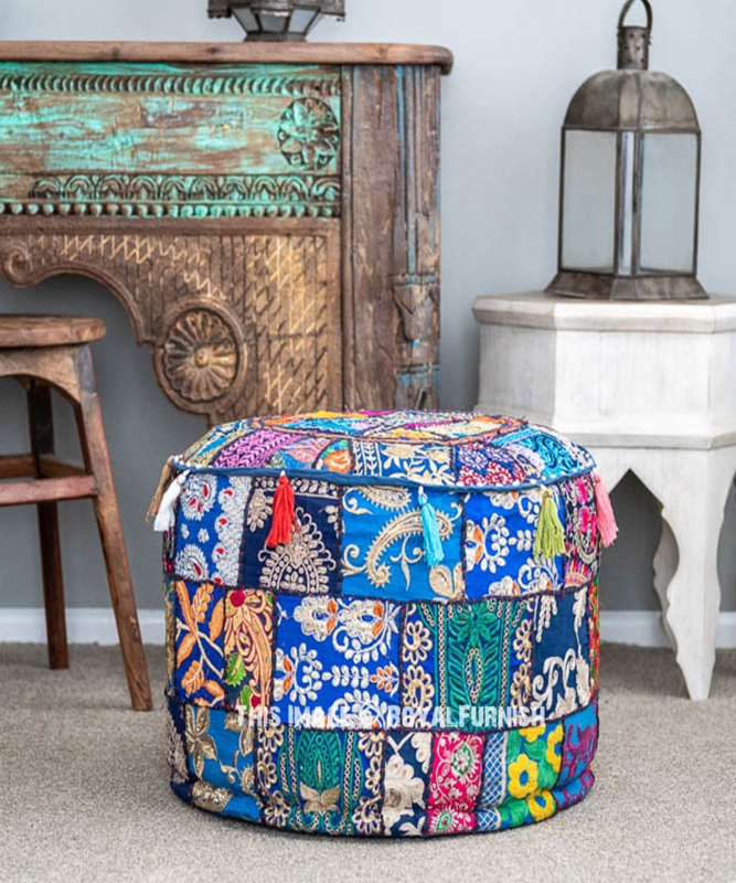 Pouf Round Bohemian Patchwork with Mirror Work and Embroidery