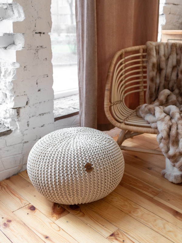 Pouf Round Chunky Knit Ecru Cotton Cord-Like Scandinavian