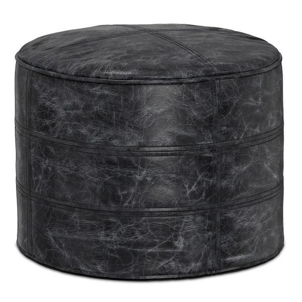 Pouf Round Distressed Black Perimeter Stitching Industrial Modern
